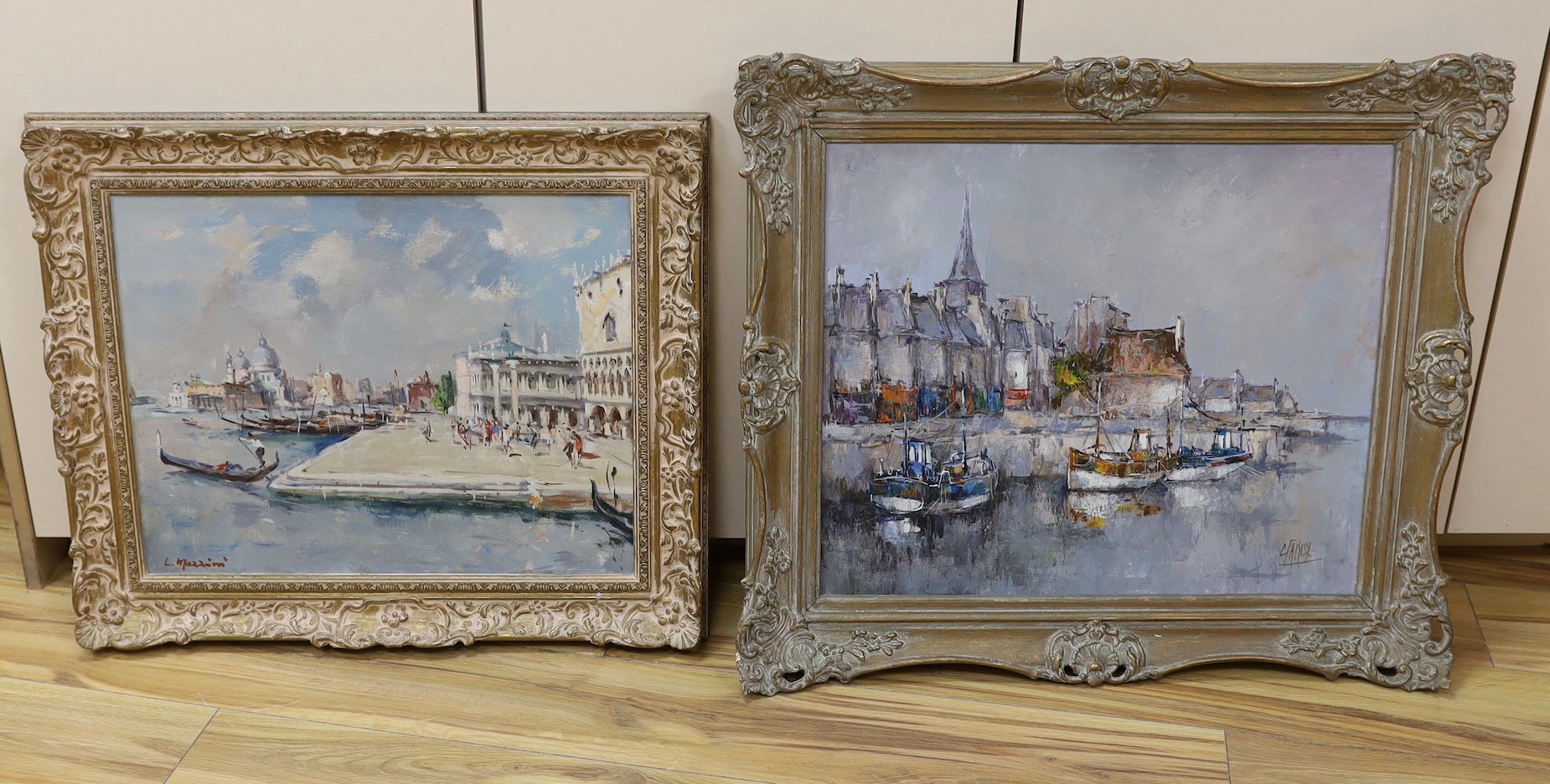 L. Mazzini, oil on canvas, 'Looking towards the Grand Canal, Venice', signed, 40 x 50cm and an oil study of Honfleur by C. Farcy, 45 x 54cm